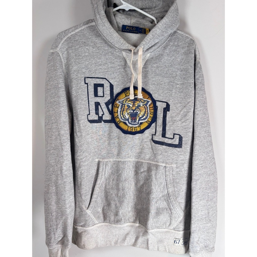 Polo Ralph Lauren Mens Gray Tiger Mascot PRL Graphic Hoodie Sweatshirt Medium